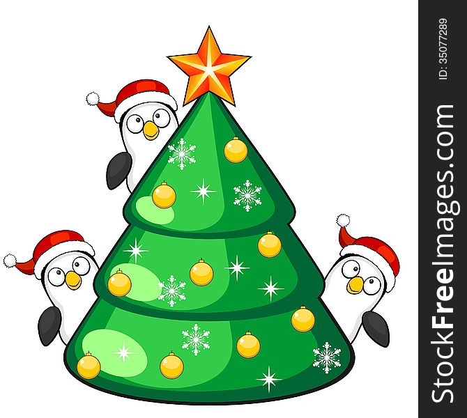 Three Penguins And Christmas Tree