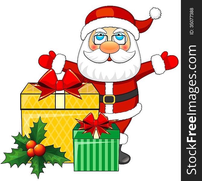 Cartoon Santa Claus and two decorated Christmas presents. Cartoon Santa Claus and two decorated Christmas presents