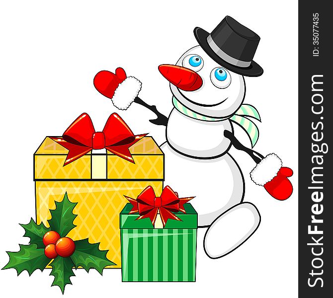 Cartoon Snowman and two decorated Christmas presents. Cartoon Snowman and two decorated Christmas presents