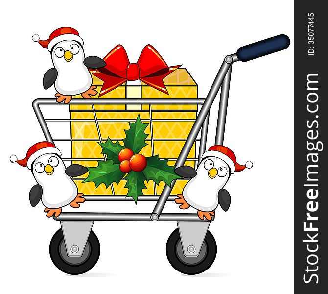 Christmas shopping cart and penguins