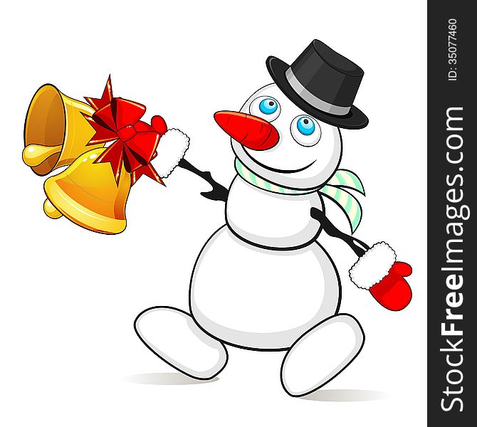 Cartoon snowman with two Christmas bells decorated with red bows. Cartoon snowman with two Christmas bells decorated with red bows