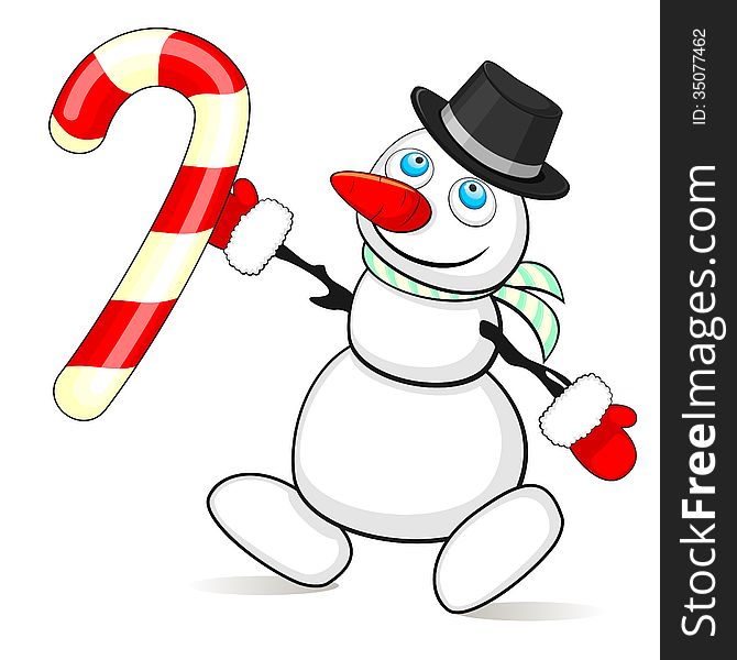 Cartoon snowman and Christmas sweet sugar cane. Cartoon snowman and Christmas sweet sugar cane