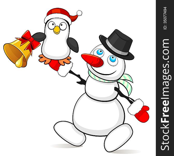 Cartoon snowman holding small penguin with Christmas bell. Cartoon snowman holding small penguin with Christmas bell