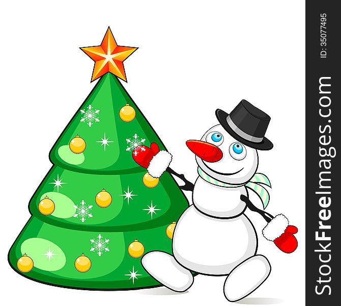 Cartoon snowman decorating Christmas fir with snowflake. Cartoon snowman decorating Christmas fir with snowflake