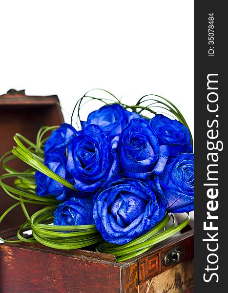 Blue Roses Bouquet In Wooden Box