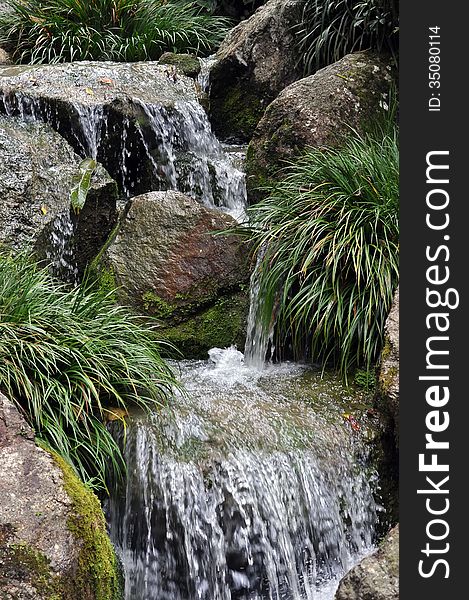 Cascade of water stream with mossy rocks and plants