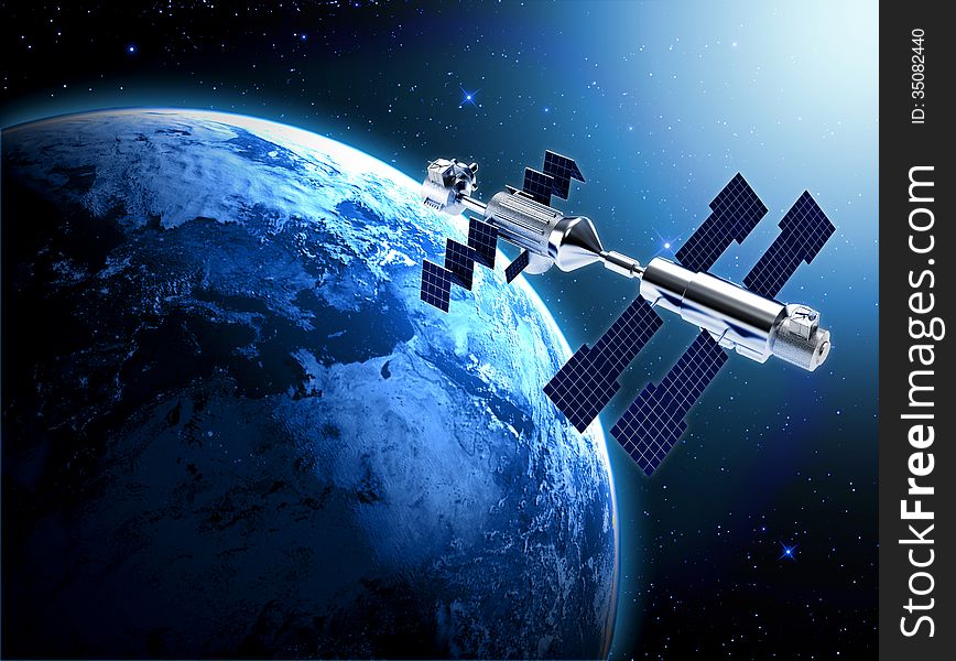 Satellite in space with earth and sun light background