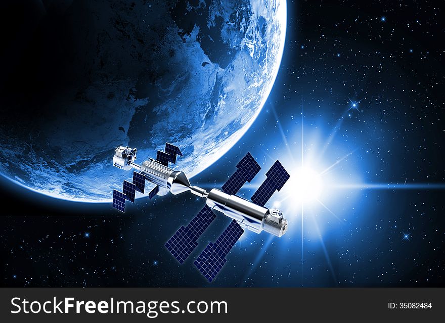 Satellite in space with earth and sun light background