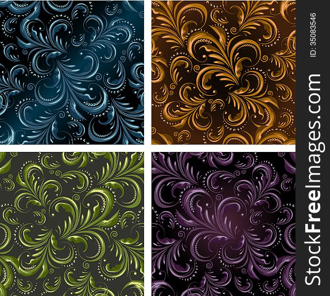 Set of floral seamless patterns drawn in fore different color variations. Each variation contains pattern and separated background. Set of floral seamless patterns drawn in fore different color variations. Each variation contains pattern and separated background