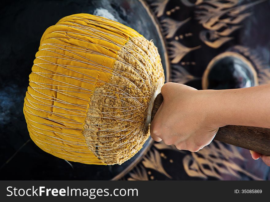 Hand Hit Big Gong In Temple