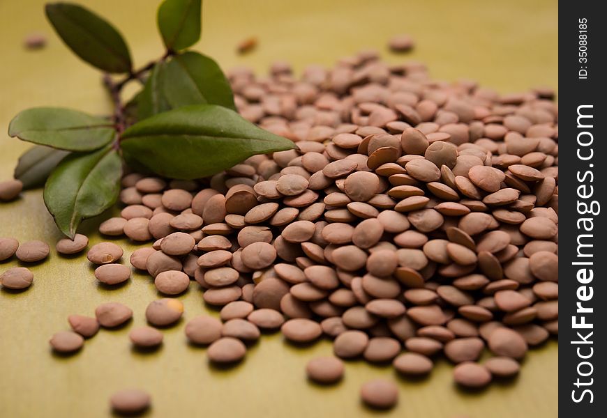 Lentils With A Leaf On Green Background