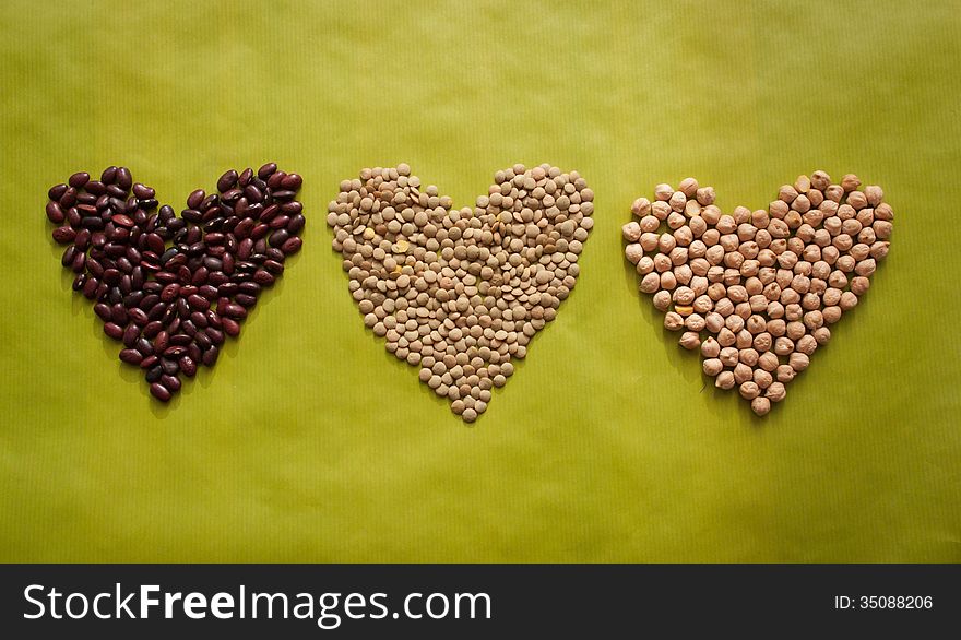 Three Hearts Made Of Beans, Lentils And Cheakpea