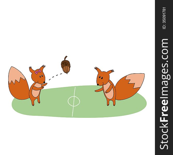 Squirrels Play With Acorn On The Field