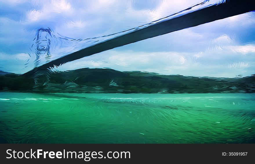 The view from the cruise ship. The ship goes down the river under the bridge. Stylized painting. The view from the cruise ship. The ship goes down the river under the bridge. Stylized painting