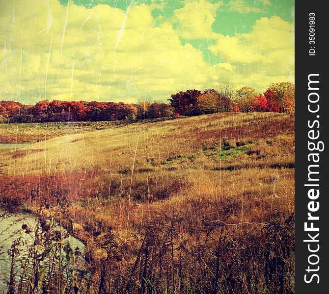 Grunge image of autumn landscape