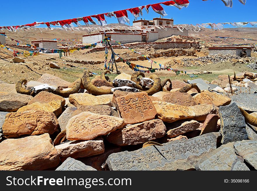 Tibet. In the Buddhist monastery on the rocks written prayers.