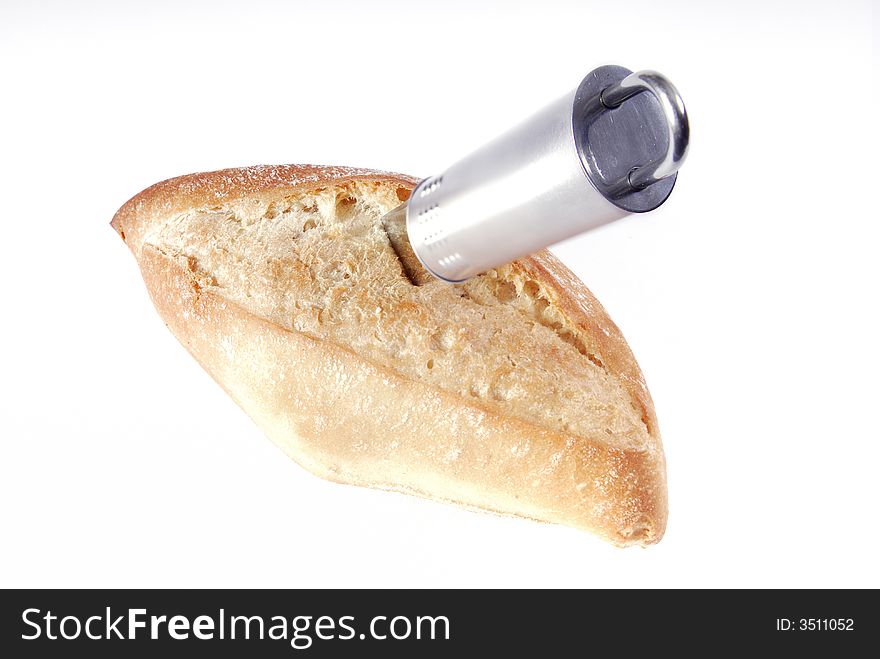 Breakfast baguette with a knife on a white background. Breakfast baguette with a knife on a white background