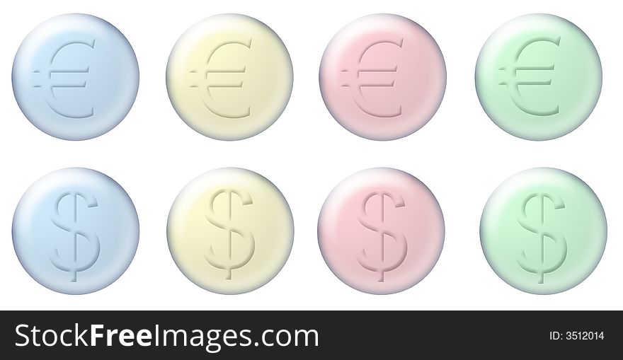 Eight glass-buttons with dollar- and euro-icons. Eight glass-buttons with dollar- and euro-icons