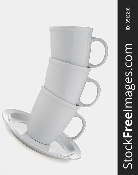 Titled view of a stack of 3 white cups isloated on white. Titled view of a stack of 3 white cups isloated on white.