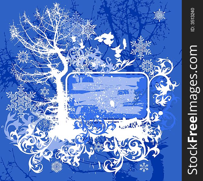 Vector snowflakes on blue grunge floral background with tree, birds and frame. Vector snowflakes on blue grunge floral background with tree, birds and frame