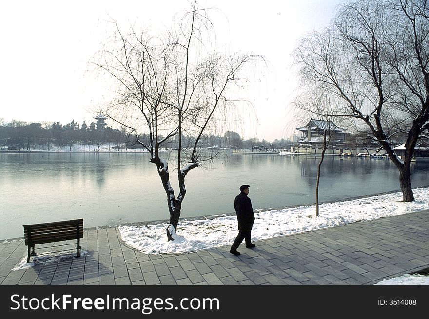 The park's lake, winter morning.Xian,China. The park's lake, winter morning.Xian,China