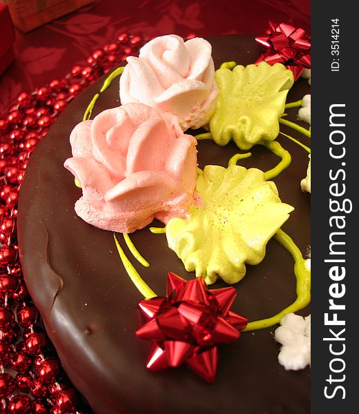 Birthday cake with flowers on red background