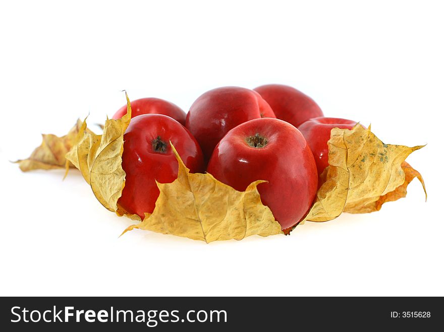 Ripe red apples and a maple leaf