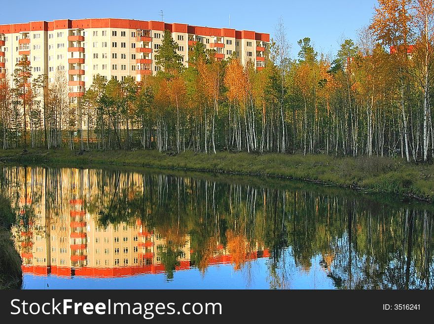 Yellow autumn trees in park on a background of a modern building and a pond