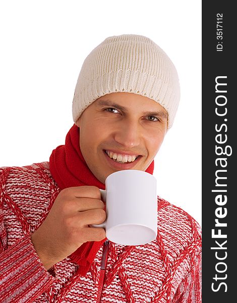 Young man with white hat and red sweater to drink tea asolated on white background. Young man with white hat and red sweater to drink tea asolated on white background