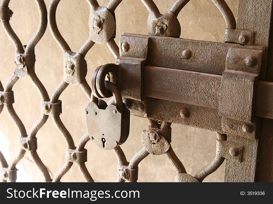 Old padlock close-up in Rostov kremlin (Russia)