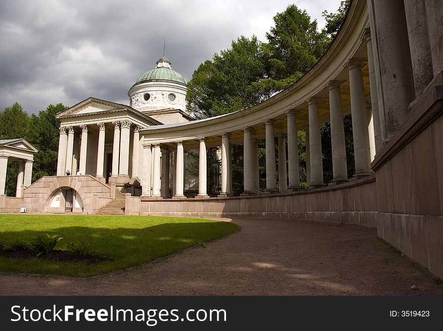 Colonnade and chapel in Moscow history State park - museum manor Arhangelskoe in sunny summer day