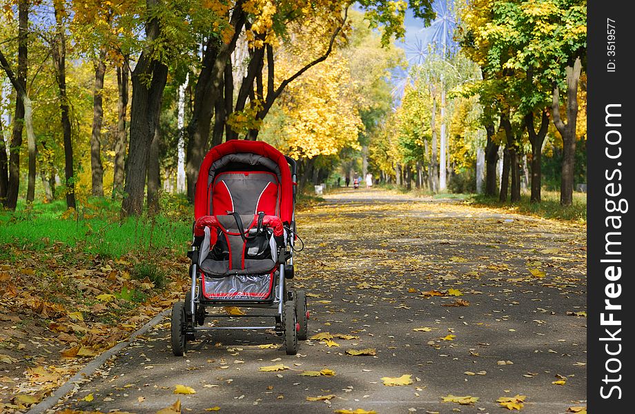 Empty children carriage at autumn park