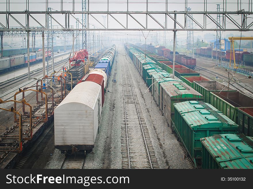 Freight cars waiting for departure. fog. Freight cars waiting for departure. fog.