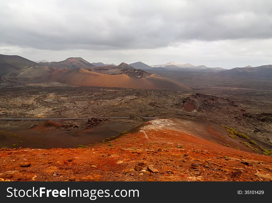 Dramatic view of Timanfaya national park, Lanzarote, Canary islands,