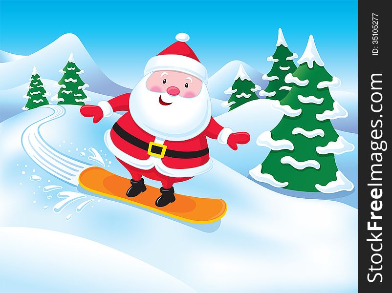 Cartoon illustration of a Santa Claus character snowboarding down a mountain slope in the snow with snow topped trees in the background. Cartoon illustration of a Santa Claus character snowboarding down a mountain slope in the snow with snow topped trees in the background.