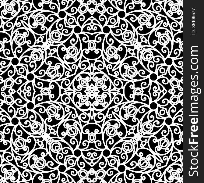 White lace pattern on black, seamless ornament. White lace pattern on black, seamless ornament