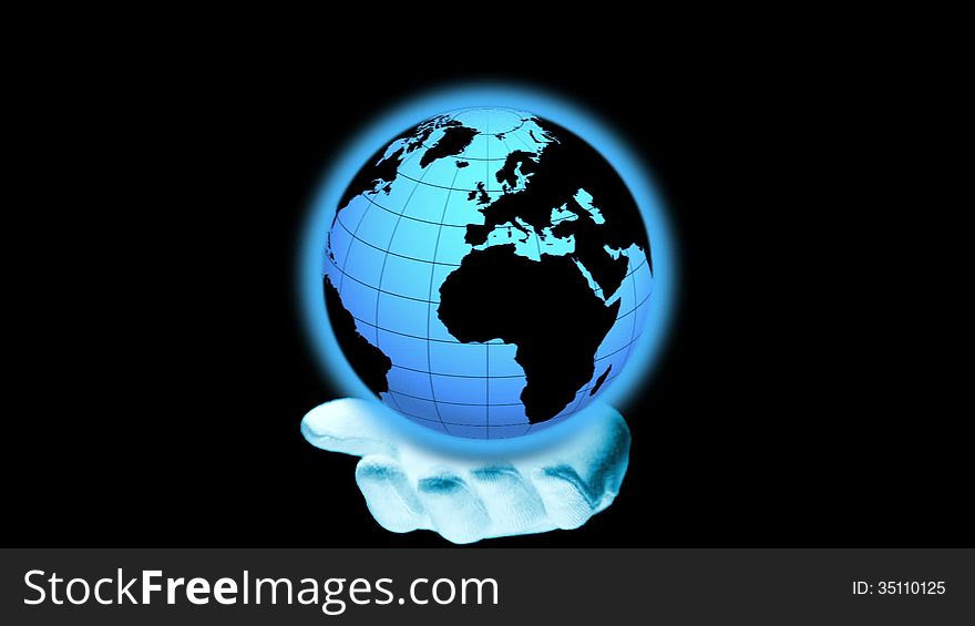 The black background. Stylized earth rotates on a white-gloved hands. There is the second hand and stroking the globe. The black background. Stylized earth rotates on a white-gloved hands. There is the second hand and stroking the globe