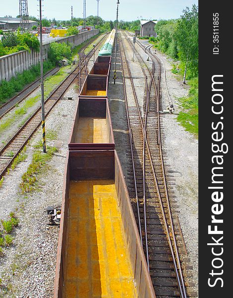 View from above on the wagons of freight train