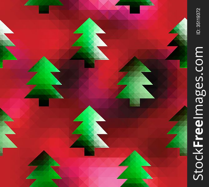 Seamless background pattern. Christmas trees on red pixels background