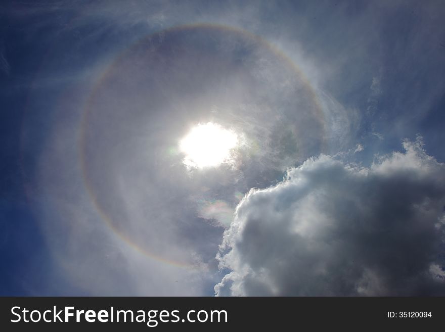 Image of round Sun Halo, a phenomenon when the sky is saturated with tiny ice crystal due to supercooled condensation, and that ice crystal refracted sunrays. Image of round Sun Halo, a phenomenon when the sky is saturated with tiny ice crystal due to supercooled condensation, and that ice crystal refracted sunrays.