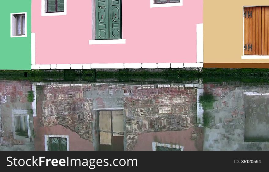 The facades of three houses on the canal. Two age: top - recently built, the reflection in the water - the same three houses, grown old in a few decades. Life is shortâ€¦. The facades of three houses on the canal. Two age: top - recently built, the reflection in the water - the same three houses, grown old in a few decades. Life is shortâ€¦