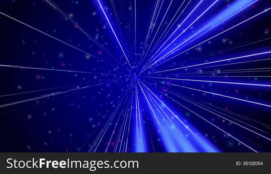 Blue background. Glowing lines come from the center of the frame and rotate. Colored particles flying from the center of the frame. Blue background. Glowing lines come from the center of the frame and rotate. Colored particles flying from the center of the frame