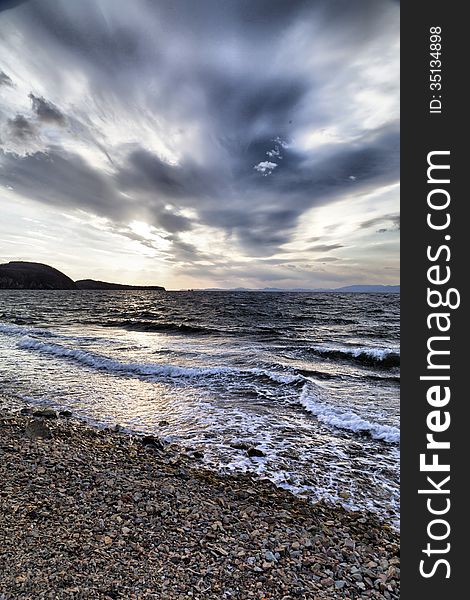 Sea landscape in the light of the evening sun