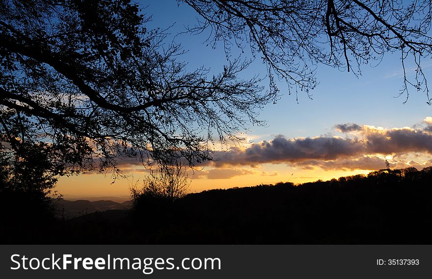 Backlight mountain lanscape at sunrise. Backlight mountain lanscape at sunrise