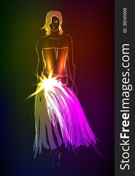 Hand-drawn fashion model from a neon. A light girl's. Hand-drawn fashion model from a neon. A light girl's