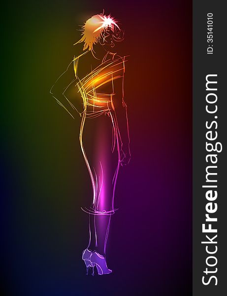 Hand-drawn fashion model from a neon. A light girl's. Hand-drawn fashion model from a neon. A light girl's