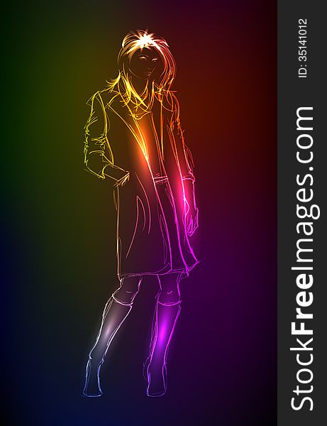 Hand-drawn fashion model from a neon. A light girl's. Hand-drawn fashion model from a neon. A light girl's