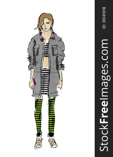 Sketch. fashion girl. Hand-drawn fashion model. Sketch. fashion girl. Hand-drawn fashion model