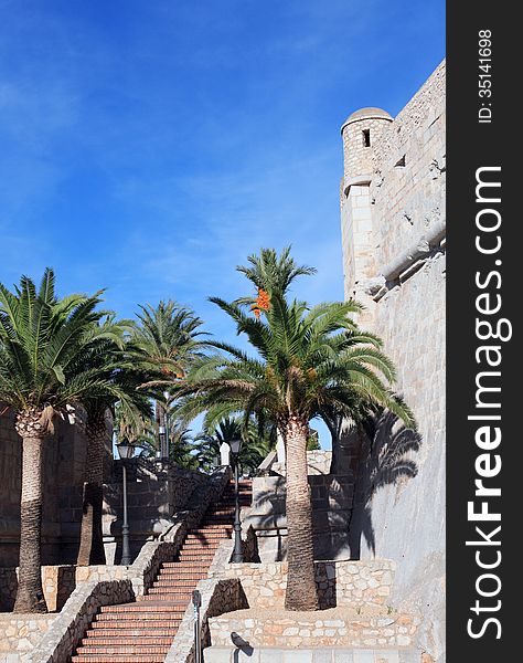 Staircase and palm trees near stone wall of ancient fortress in old spanish town named Peniscola