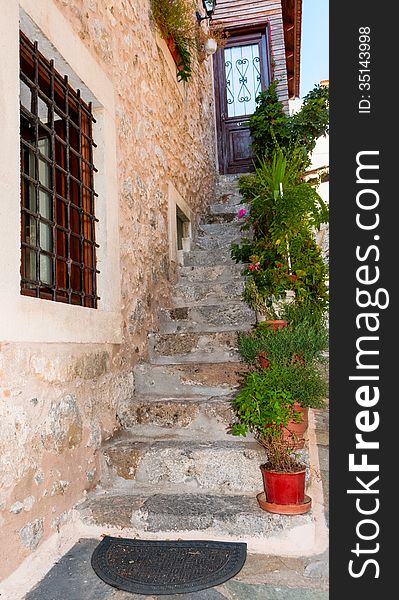 Charming entrance of courtyard of old mediterranean village Spili. Charming entrance of courtyard of old mediterranean village Spili